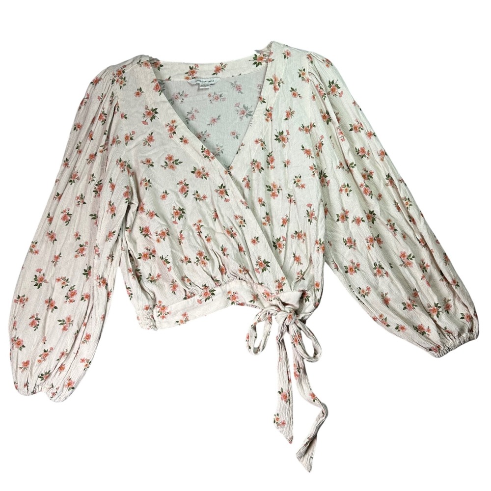 American Eagle Floral Wrap Tie Top Cottagecore Boho XS Cream Pink Long Sleeve